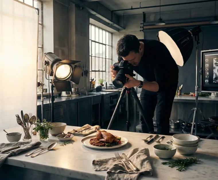 Ein professioneller Food-Fotograf justiert eine Kamera auf einem Stativ in einem hochwertigen Küchenstudio. Ein aufwendig gestaltetes Gourmet-Gericht steht scharf fokussiert auf einer Marmoroberfläche, umgeben von eleganten Requisiten wie Leinenstoffservietten, antikem Besteck, frischen Kräutern und Keramiktellern. Weiches natürliches Licht fällt durch große Fenster und wird durch professionelle Studio-Blitzgeräte und Lichtdiffusoren ergänzt, was eine stimmungsvolle cineastische Atmosphäre mit warmem und kühlem Lichtkontrast erzeugt.