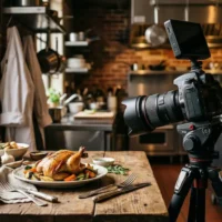 Foodfotograf bereitet ein Shooting in einer Restaurantküche vor – stilvolles Gericht auf Holztisch mit natürlichem Seitenlicht und Kamera im Vordergrund.