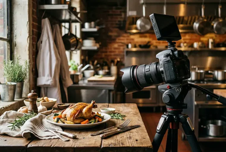 Foodfotograf bereitet ein Shooting in einer Restaurantküche vor – stilvolles Gericht auf Holztisch mit natürlichem Seitenlicht und Kamera im Vordergrund.