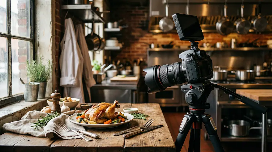 Foodfotograf bereitet ein Shooting in einer Restaurantküche vor – stilvolles Gericht auf Holztisch mit natürlichem Seitenlicht und Kamera im Vordergrund.