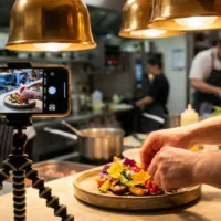 Restaurantküche mit professionell angerichtetem Gericht im Vordergrund und Smartphone auf Stativ – authentische Social-Media-Foodfotografie für Gastronomie.
