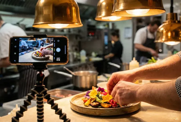 Restaurantküche mit professionell angerichtetem Gericht im Vordergrund und Smartphone auf Stativ – authentische Social-Media-Foodfotografie für Gastronomie.
