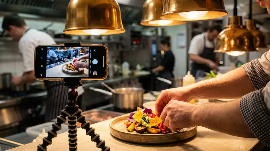 Restaurantküche mit professionell angerichtetem Gericht im Vordergrund und Smartphone auf Stativ – authentische Social-Media-Foodfotografie für Gastronomie.