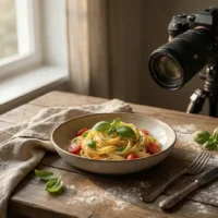 Professionelle Foodfotografie für Kochbücher: Gericht am Fenster mit natürlichem Licht, Kamera und Styling-Props auf Holztisch