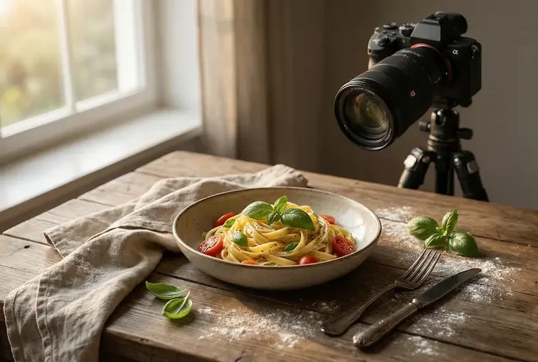 Professionelle Foodfotografie für Kochbücher: Gericht am Fenster mit natürlichem Licht, Kamera und Styling-Props auf Holztisch