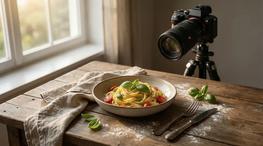 Professionelle Foodfotografie für Kochbücher: Gericht am Fenster mit natürlichem Licht, Kamera und Styling-Props auf Holztisch